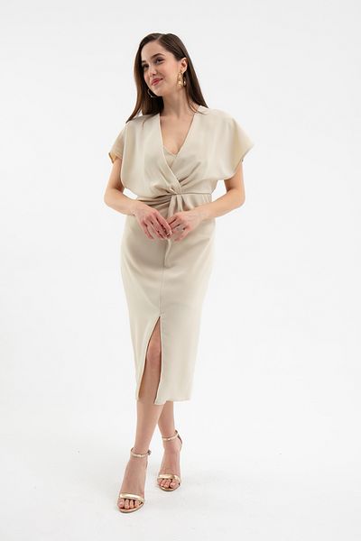Lafaba Women's Beige V-Neck Slit Midi Dress