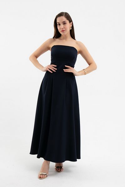 Lafaba Women's Navy Blue Strapless Neck Midi Dress