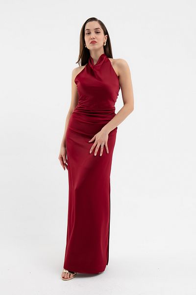 Lafaba Women's Burgundy Backless Long Satin Evening Dress