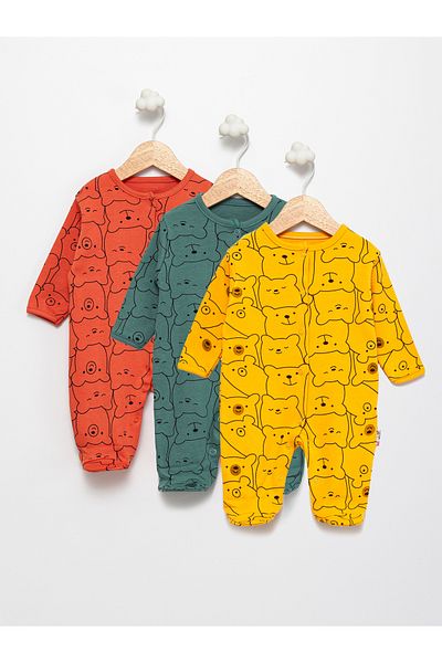 Alihan 100% Cotton Teddy Bear Patterned Unisex 3-Piece Baby Rompers