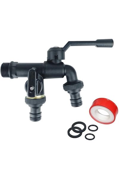 COOYA Water Tap, with 2 x Free Hose Connections, Double Outlet Tap for Garden, Washing Machine(Black)
