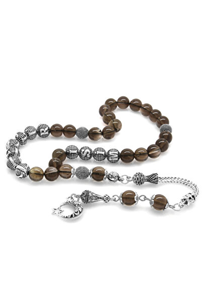 Tesbihane Χάντρες προσευχής από φυσική πέτρα χαλαζία με μεταλλική φούντα και κομμένη σφαίρα με γραμμένο όνομα