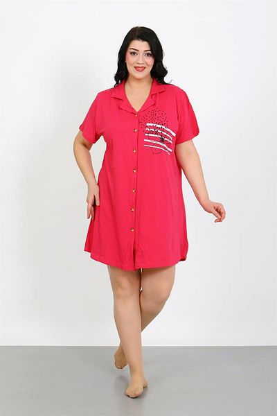 Celira Large Size Combed Cotton Buttoned Fuchsia Tunic Nightgown