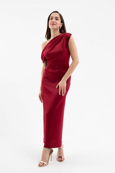 Lafaba Women's Burgundy Degaje Collar Slit Satin Midi Dress