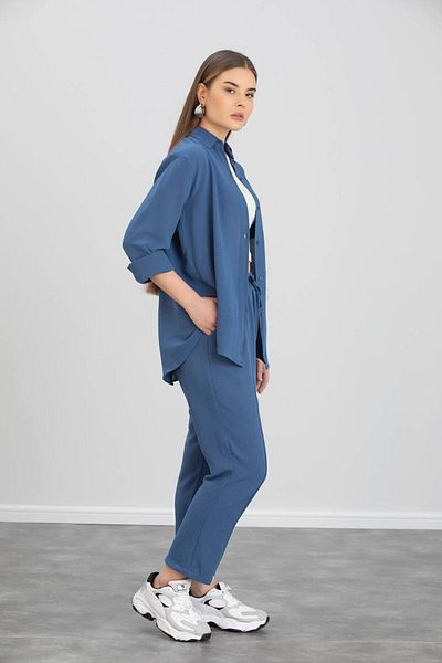 ZF BUTİK Damen Set aus Hemd und Hose aus doppeltem Leinen in Blau