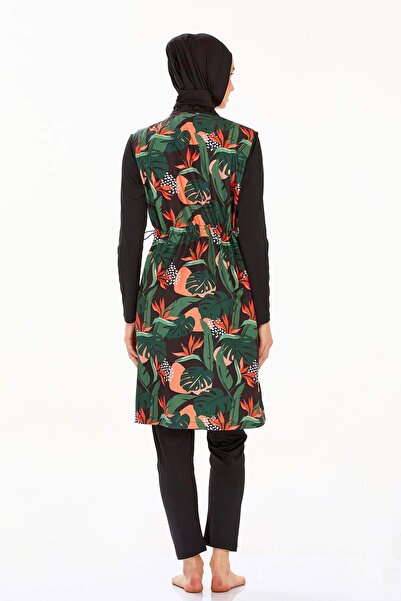 Elit Black Green Leaf Pattern Long Sleeve Zippered Full Covered Hijab Swimsuit 9265