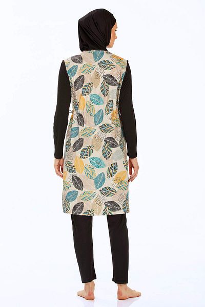 Elit Black Cream Leaf Pattern Long Sleeve Zippered Full Covered Hijab Swimsuit Hashama 9255