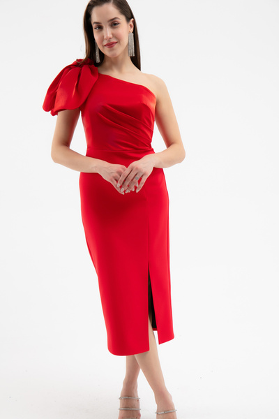 Lafaba Women's Red Organza Detail Midi Promise Engagement Wedding Evening Dress