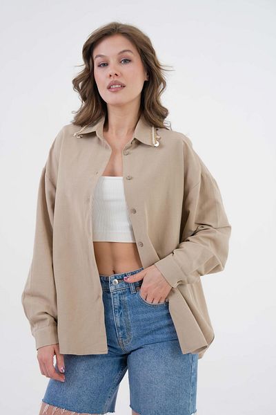 minaaise Дамска ленена риза Oversize с яка от норка и аксесоар за гърба 29100