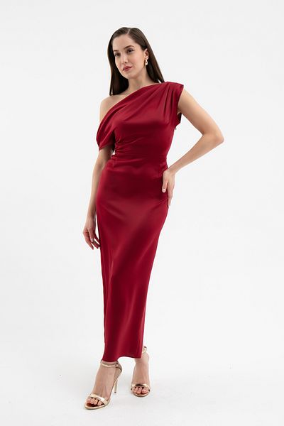 Lafaba Women's Burgundy Degaje Collar Slit Satin Midi Dress