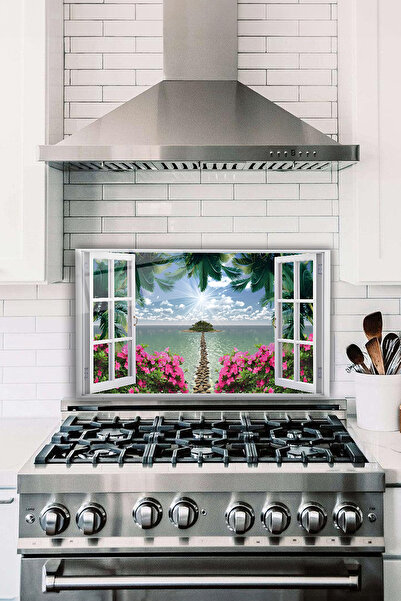 Vosevu Ada Manzaralı Pencere Cam Ocak Arkası Koruyucu, Isıya Dayanıklı, Tezga...