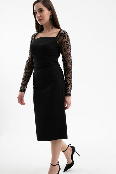 Lafaba Women's Black Sleeve Detailed Promise Engagement Wedding Evening Dress