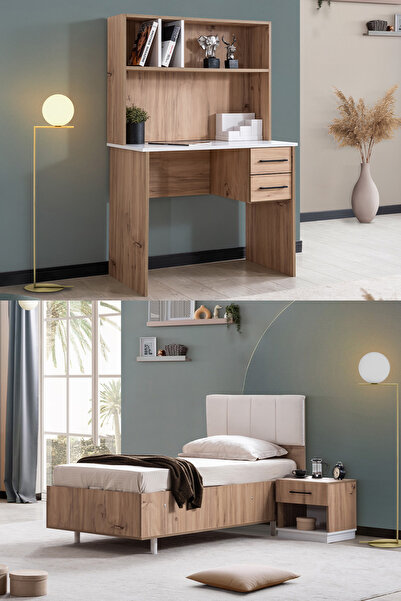 Setay Genç Odası Efes Çalışma Masası,Bazalı Karyola,Komodin Ceviz Krem