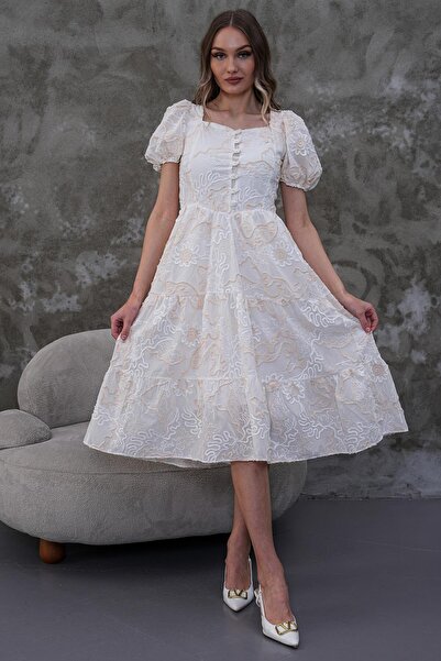 ZEYWEAR فستان كتان مطرز مقاس كبير