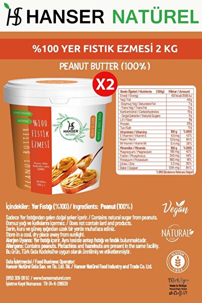 Hanser Natürel %100 Fıstık Ezmesi 2 Kg Şeker Ilavesiz, Katkısız, Taze Çekim (2 X 1000 GR)