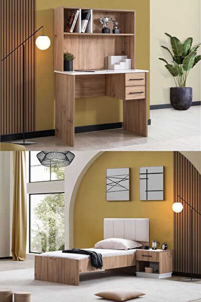Setay Genç Odası Efes Çalışma Masası,Karyola,Komodin Ceviz Krem