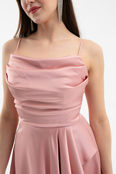 Lafaba Γυναικείο βραδινό κοντό σατέν φόρεμα με σολομό με σχισμή