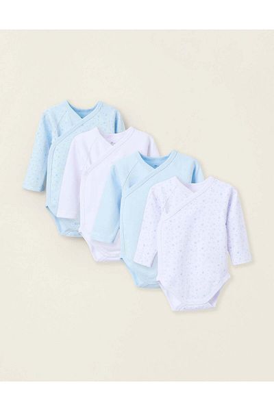Ziddy Pack of 4 Cotton Wrapover Bodysuits for Newborns and Babies 'Stars', White/Blue