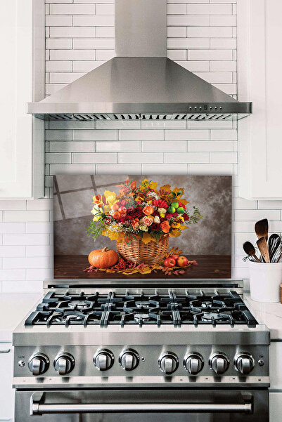 Vosevu Sonbahar Çiçekli Cam Ocak Arkası Koruyucu, Isıya Dayanıklı, Tezgah Ank...