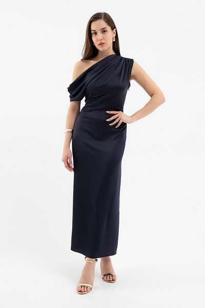 Lafaba Women's Navy Blue Degaje Collar Slit Satin Midi Dress