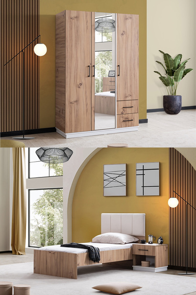 Setay Genç Odası Efes 3 Kapaklı Dolap,Karyola,Komodin Ceviz Krem