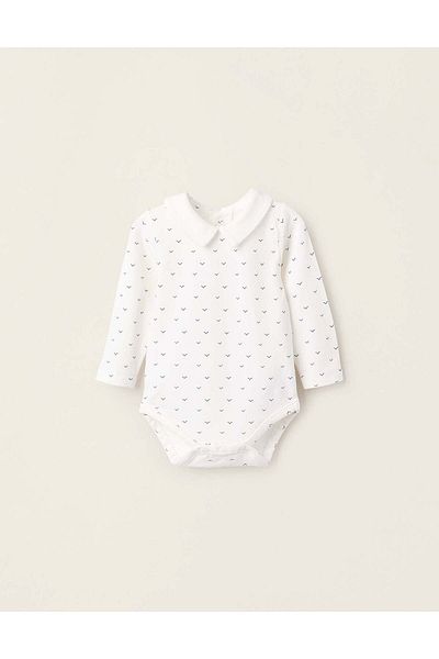 Ziddy Bodysuit with Bird Motif for Newborn Boys, White