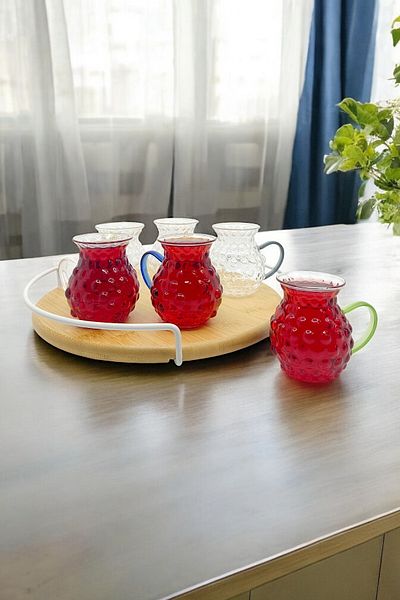 Kitchen Way Colored Handled Glass Grape Glass 175ml, Set of 6 Bead Patterned Borosilicate Beads