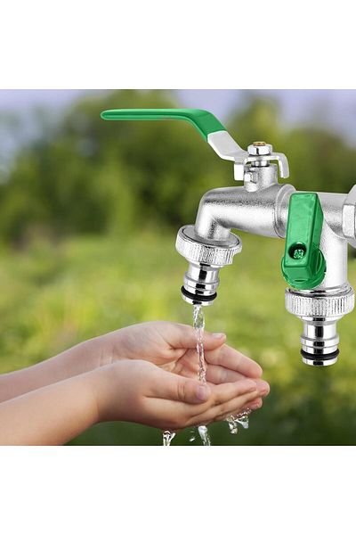 COOYA Double Outlet Tap, with 2 x Free Hose Connections, 1 x Roller Sealing Tape, Brass, Hose Nozzle