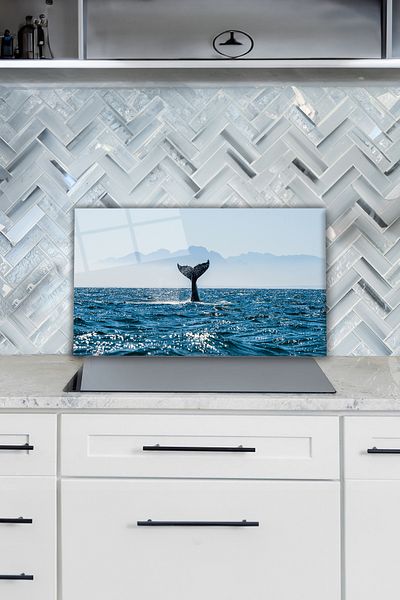 Vosevu Protector pentru spate aragaz din sticla Blue Whale Tail, rezistent la caldura, protectie pentru blat si bucatarie