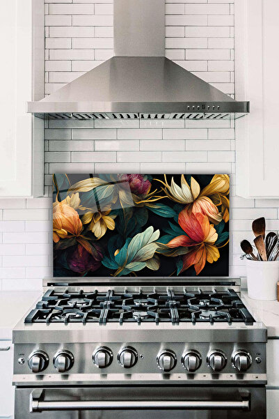 Vosevu Renkli Yapraklı Vintage Cam Ocak Arkası Koruyucu, Isıya Dayanıklı Tezgah Ankastre Ve Mutfak Koruması