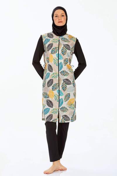 Elit Black Cream Leaf Pattern Long Sleeve Zippered Full Covered Hijab Swimsuit Hashama 9255