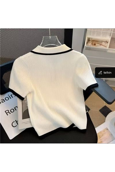 NATUFIAN STORE Tricou de damă cu guler polo cu dungi cu nasturi
