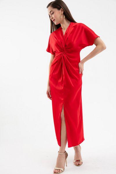 Lafaba Women's Red Knot Detailed Midi Satin Dress