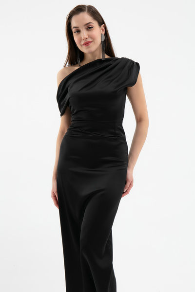 Lafaba Γυναικείο Μαύρο Σατέν Μίντι Φόρεμα με λαιμόκοψη