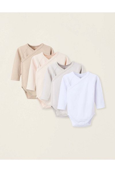 Ziddy Pack of 4 Cotton Wrapover Bodysuits for Newborns and Babies 'Pastel', White/Beige