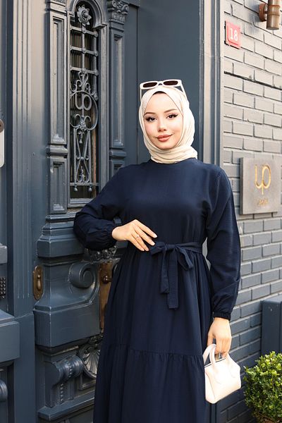 modessia ΓΥΝΑΙΚΕΙΟ Μπλε Navy Μακρύ Φόρεμα Hijab με Ζώνη gd0310