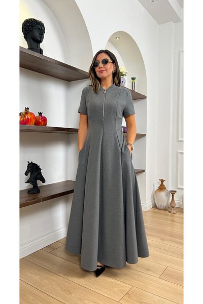 My Blog Γκρι φόρεμα με φερμουάρ μπροστά - 4824