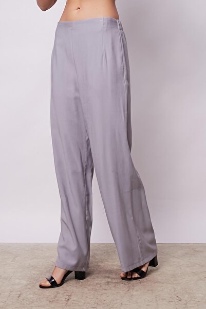 Jument Women's Gris Palazzo Pants Silky Textured Modal High Waist with Pockets