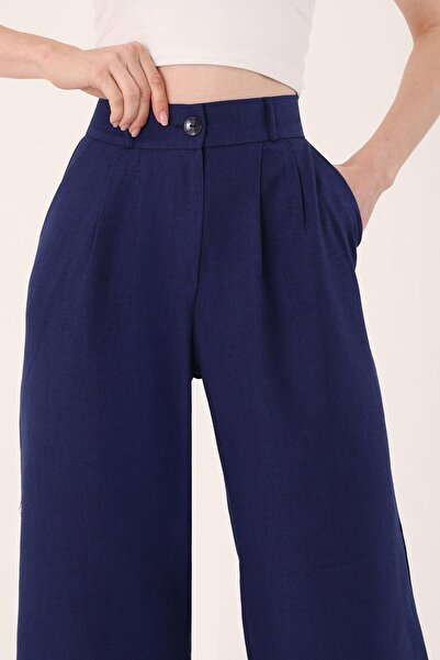 Hazel Női sötétkék magas derekú vászon Palazzo nadrág