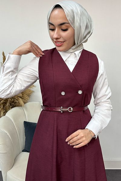 Tesettür Diyarı Women's Button Detailed Gilet Dress Claret Red