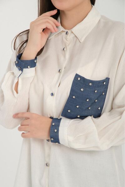 LE CARAMBOLE Kadın Krem Cep ve Omuz Taş Detaylı Gömlek