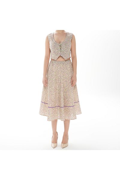 İna Summer Skirt Vest Set in Ecru Color from Cotton Fabric