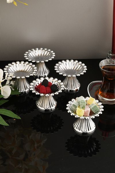 AKSESUAR EVRENİ Lumoni Line Footed Beaded Turkish Delight Bowl Silver Set of 6