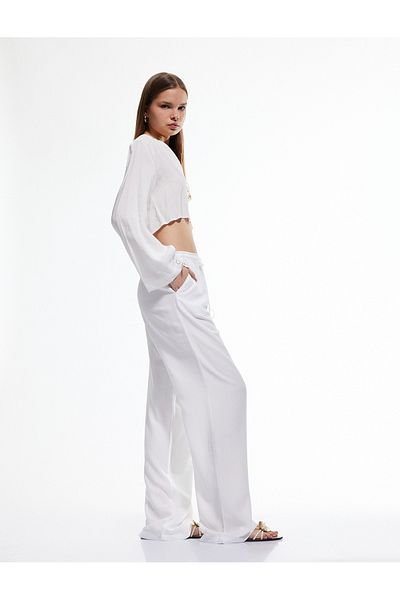 Koton Wide Leg Viscose Trousers with Belted Waist and Pockets