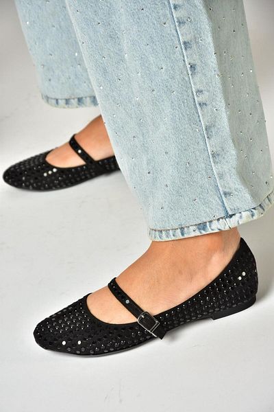 Fox Shoes U 726634504   Black Fabric Stone Detailed Ballerinas