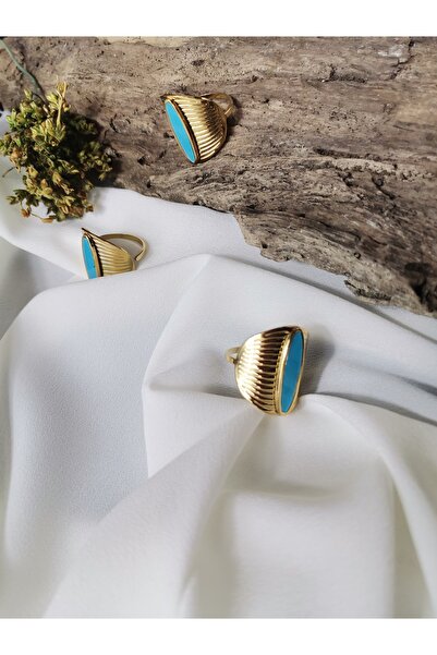 Luna Jewelry Kadın Gold Renk Turkuaz Taş Detaylı Ayarlanabilir 316L Çelik Yüzük