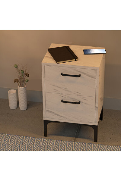Mahmayi Modern White Marble Side Table with 2 Soft-Close Storage Drawers for Living Room/Bedroom