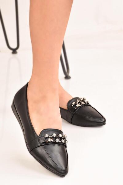 MODAONN حذاء باليه نسائي مسطح بمقدمة مدببة وسلسلة بإبزيم يومي