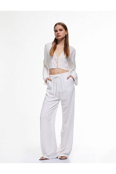 Koton Wide Leg Viscose Trousers with Belted Waist and Pockets