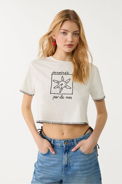Stradivarius Embroidered cropped T-shirt